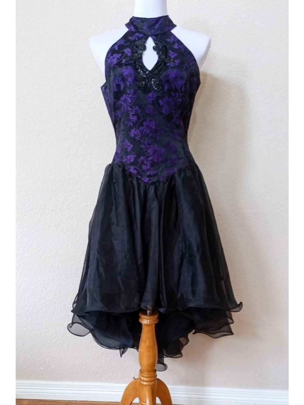 Vintage whimsigoth halter-style dress with purple floral brocade bodice